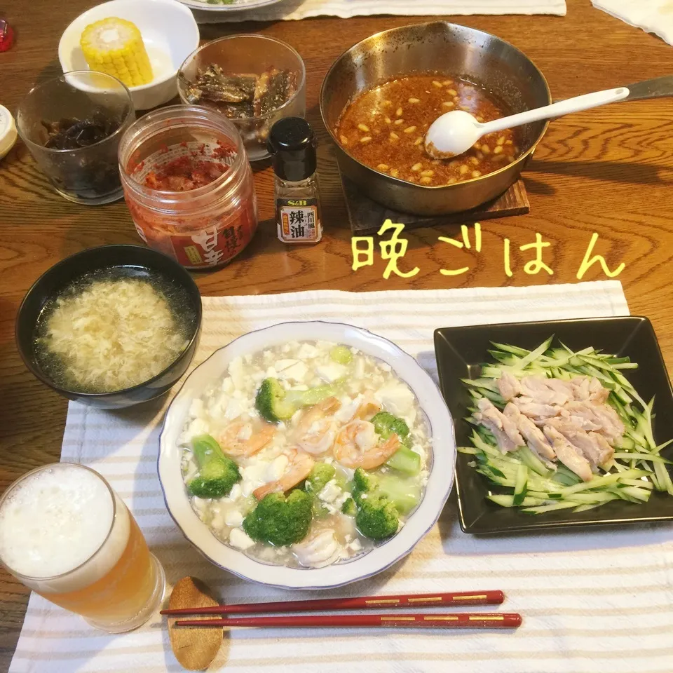 Snapdishの料理写真:海老豆腐ブロッコリースープ煮、よだれ鶏、中華コーンスープ|yakinasuさん