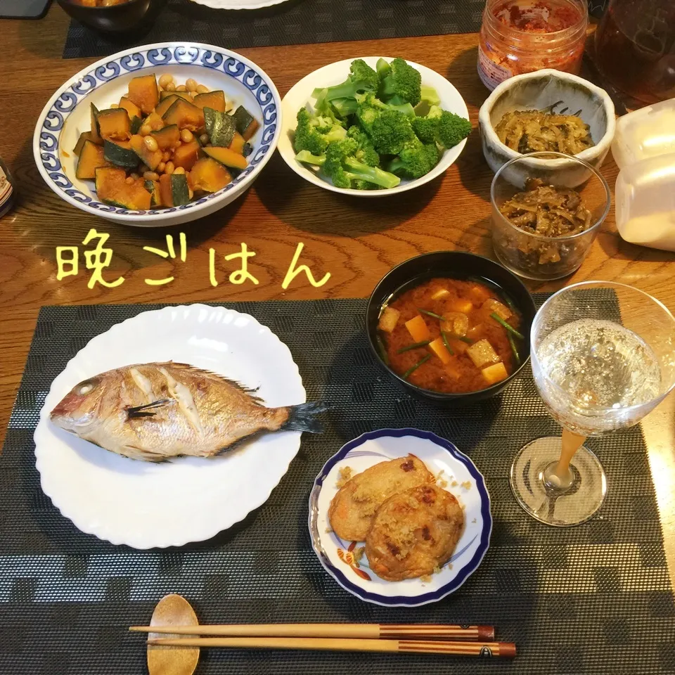 鯛塩焼き、南瓜大豆のはとこ煮？ ブロッコリー、野菜天生姜焼き|yakinasuさん