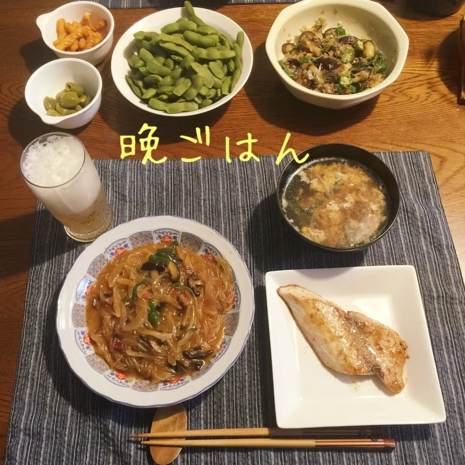 Snapdishの料理写真:しいらバター醤油焼き、麻婆春雨、茄子オクラおかかポン酢、枝豆|yakinasuさん