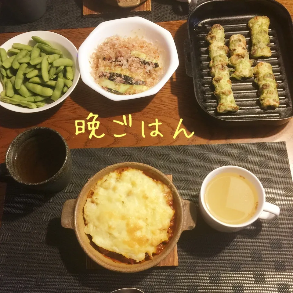 Snapdishの料理写真:ポテトグラタン、竹輪磯部揚げ、水茄子サラダ、枝豆、スープ|yakinasuさん