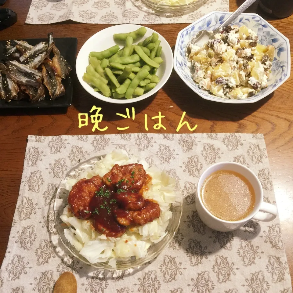 豚ヒレチャップ、焼き芋と豆のクリチサラダ、枝豆、スープ、|yakinasuさん