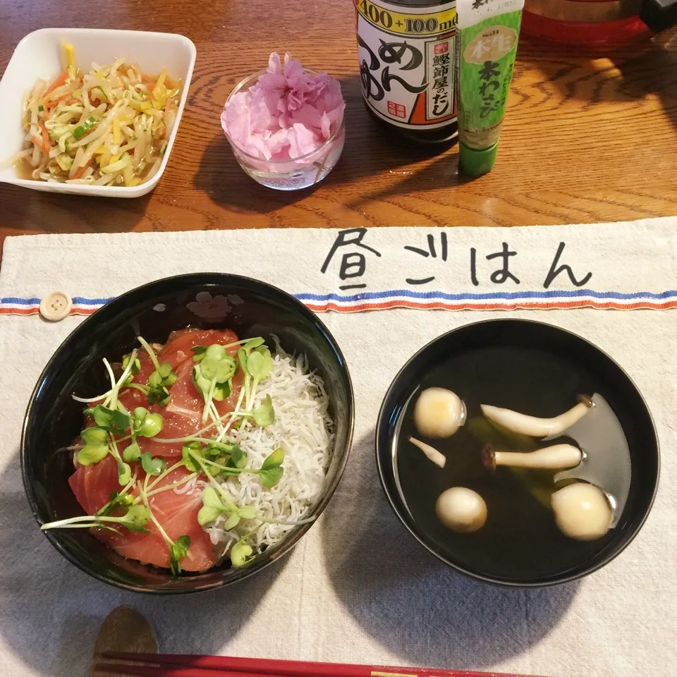 マグロとシラスの丼、吸物、もやしピリ辛和え|yakinasuさん