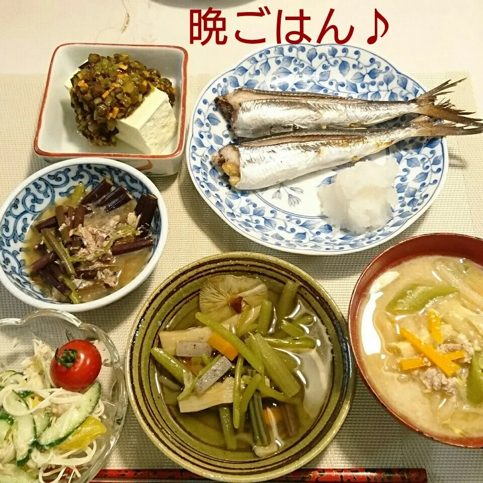 Snapdishの料理写真:今日の晩ごはん(トビウオの塩焼きと…)|oomugiさん