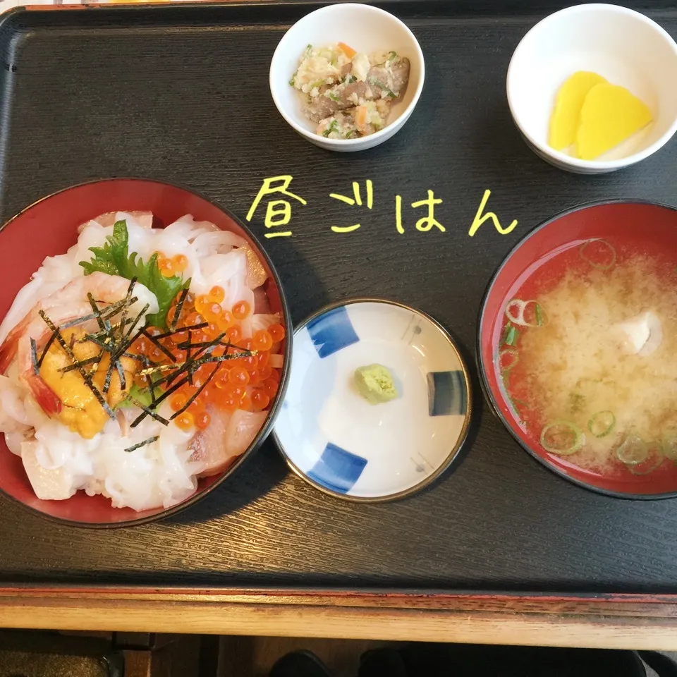 ぶりのぶつ切り刺身、イカ、ウニ、イクラ、甘エビの丼、アラ汁|yakinasuさん