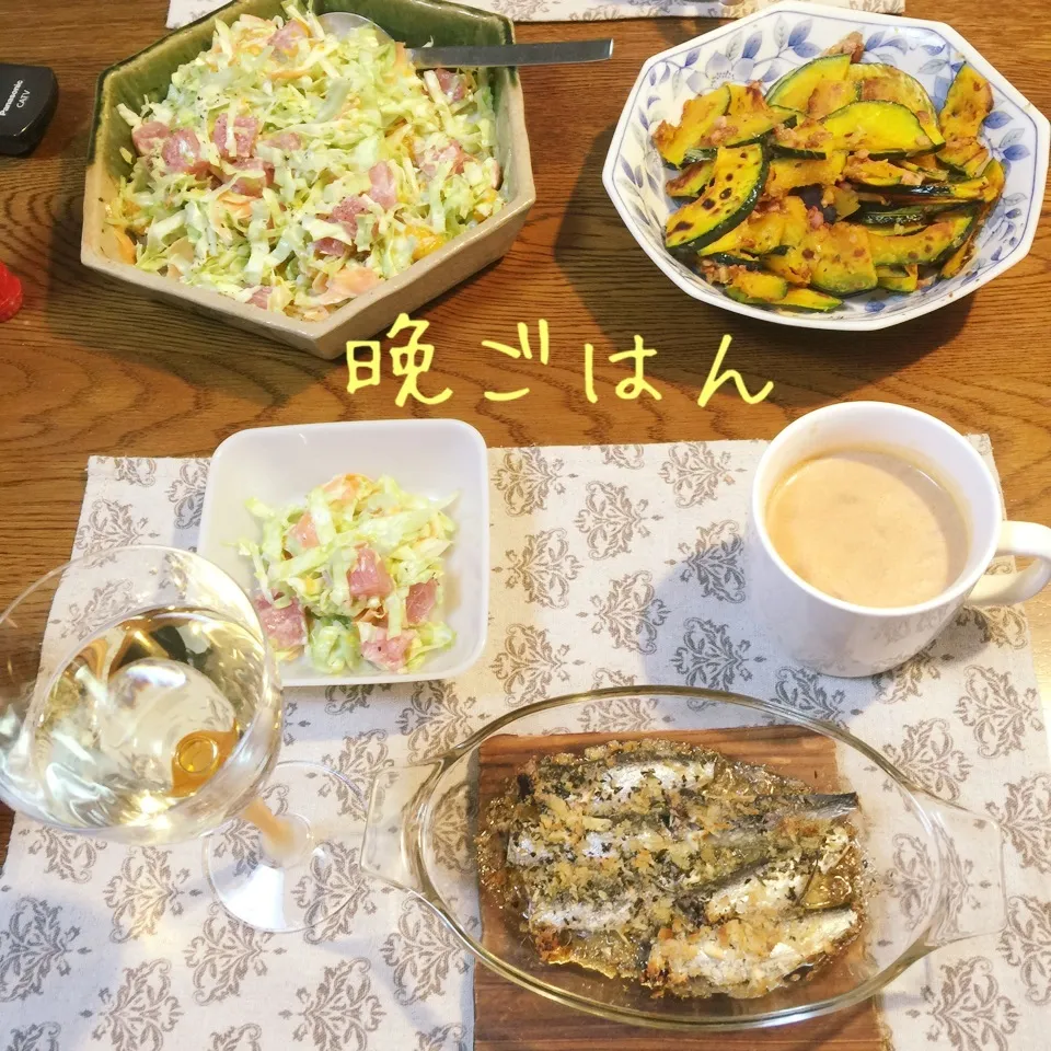 鰯丸干しの香草焼き、キャベツと鮪ポンカンサラダ、南瓜サラダ|yakinasuさん