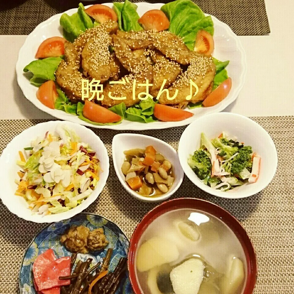 今日の晩ごはん(手羽先の甘辛唐揚げと…)|oomugiさん