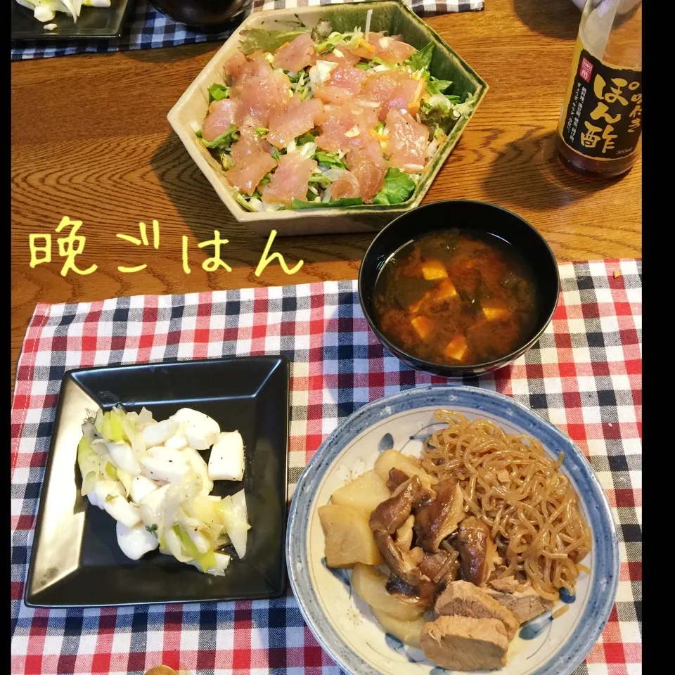 Snapdishの料理写真:豚ヒレ大根椎茸蒟蒻煮物、イカネギ塩炒め、鮪カルパッチョ|yakinasuさん