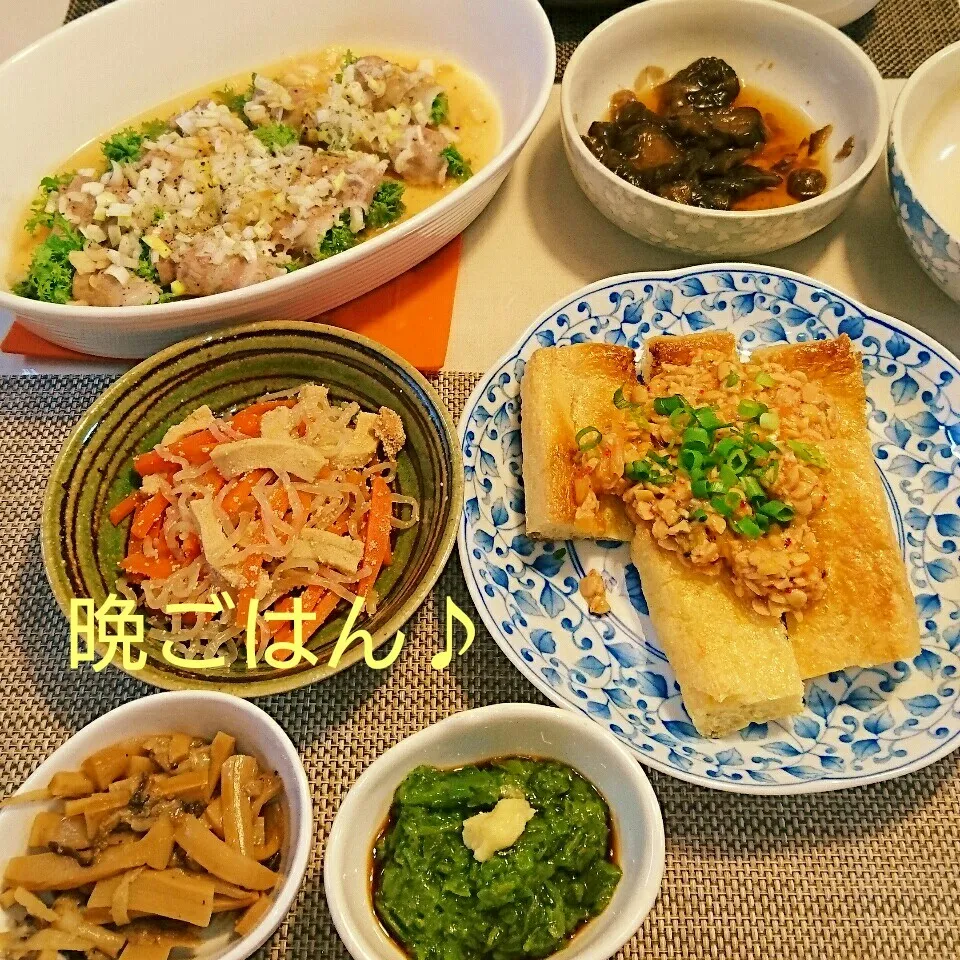 今日の晩ごはん(わさび菜の肉巻きネギ塩蒸しと…)|oomugiさん