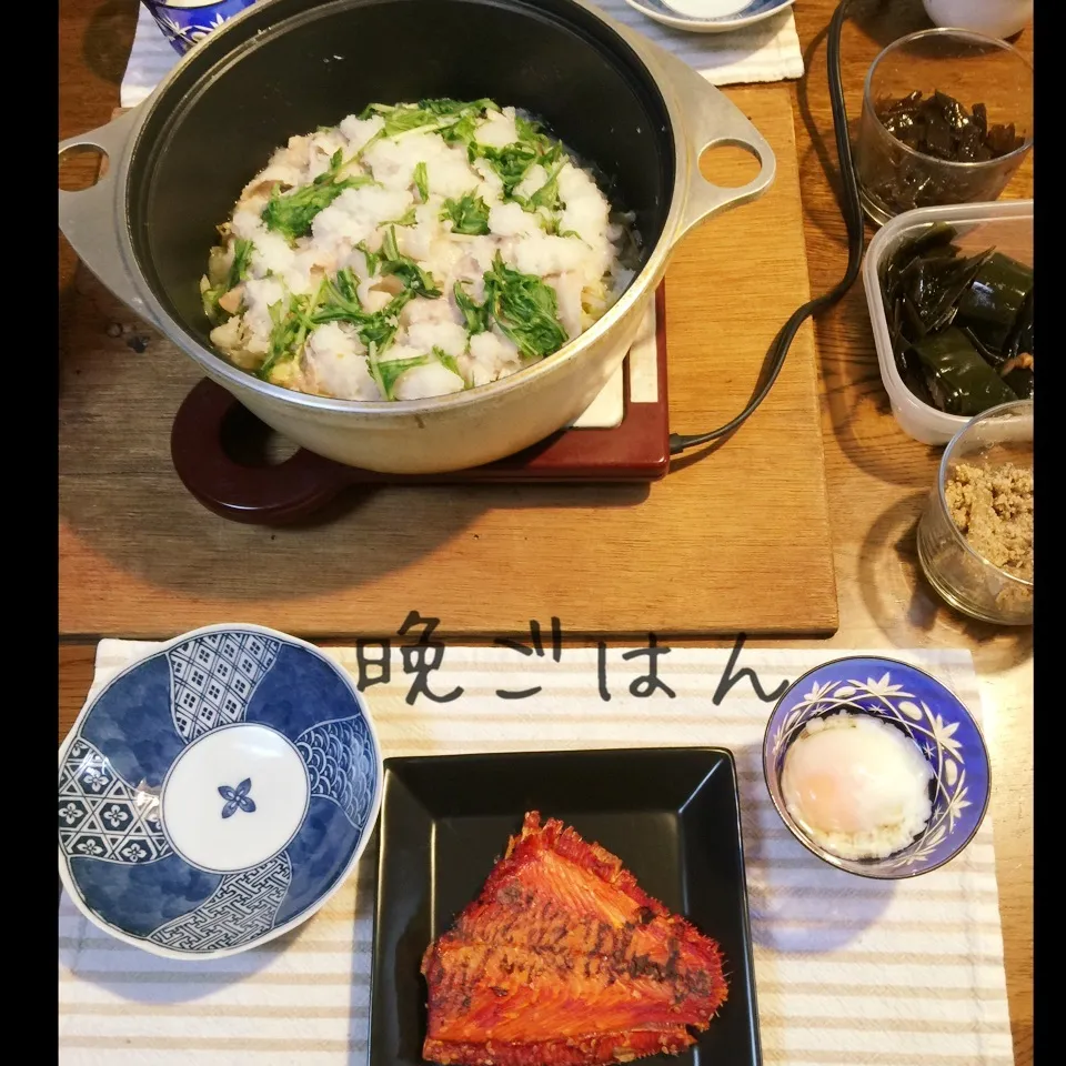 豚バラ肉の蒸ししゃぶしゃぶ、浅羽カレイみりん干し温泉玉子|yakinasuさん