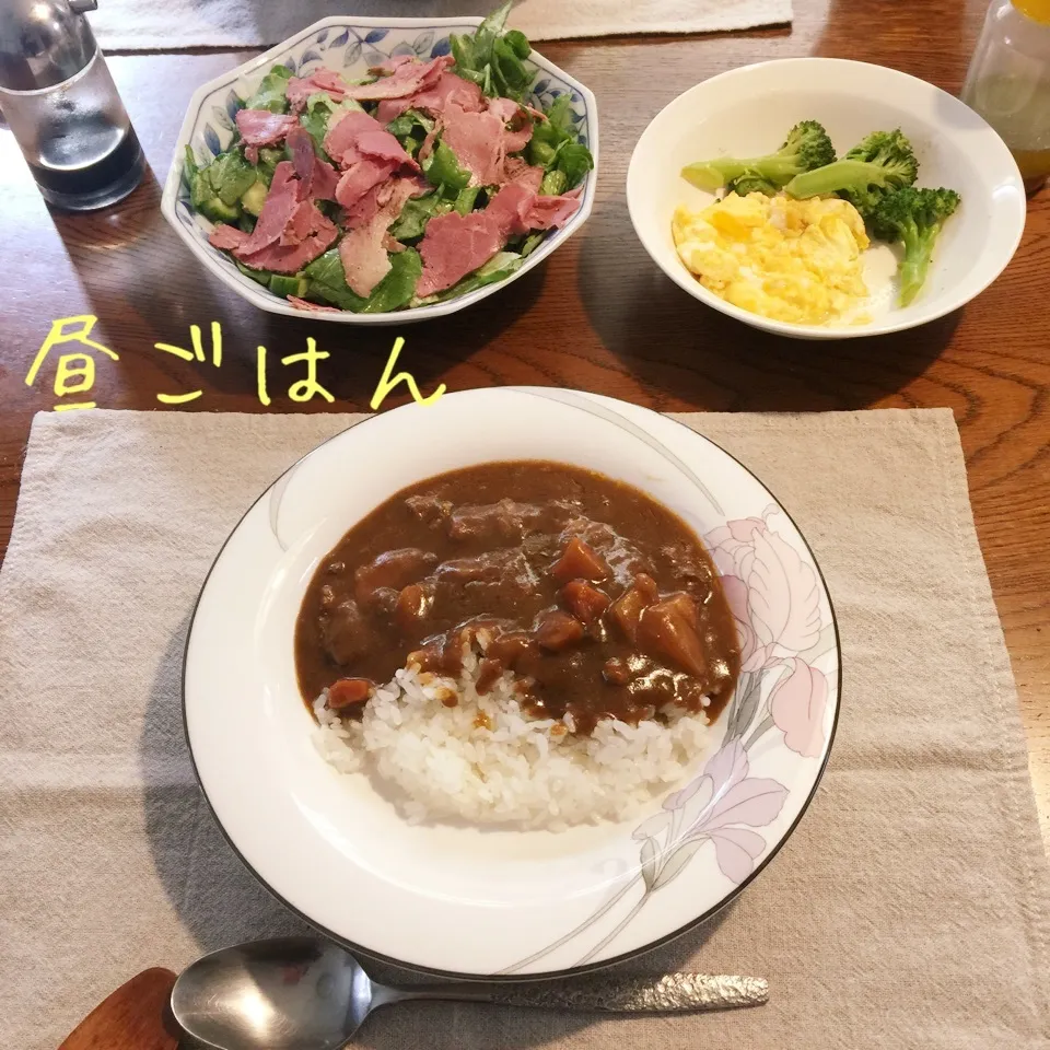 Snapdishの料理写真:カレーライス、サラダ、朝の残り物|yakinasuさん