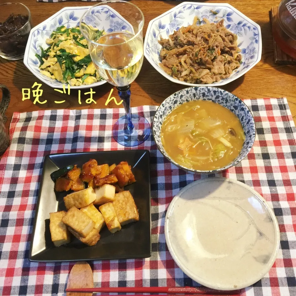 プルコギ、ニラ玉、厚揚げ南瓜照り煮、カレーうどん残り物|yakinasuさん