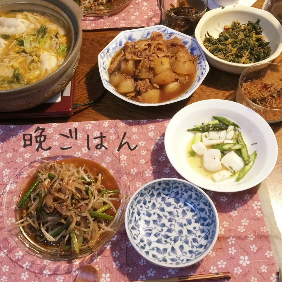 牛バラと野菜炒め、冬瓜フレーク干し椎茸煮物、坦々鍋リメイク|yakinasuさん