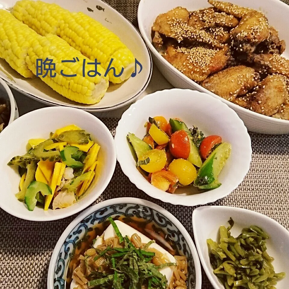 Snapdishの料理写真:今日の晩ごはん(手羽先の甘辛唐揚げと…)|oomugiさん