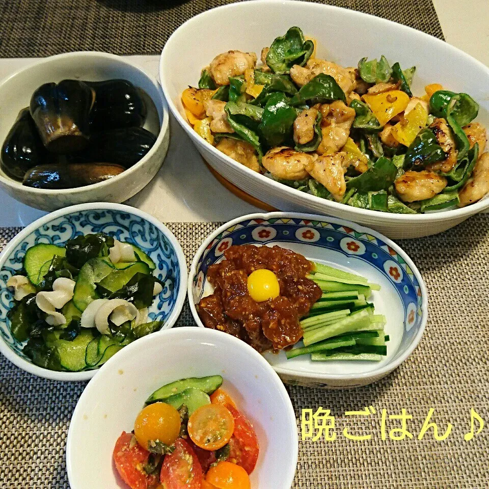 Snapdishの料理写真:今日の晩ごはん(ささみとピーマンのマヨ醤油炒めと…)|oomugiさん