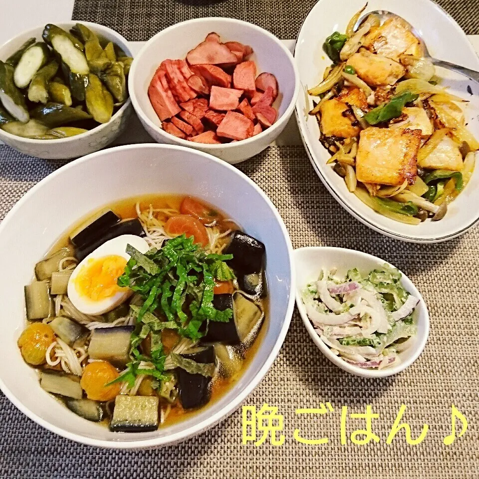 今日の晩ごはん(ナスの揚げ浸しトマトそうめんと…)|oomugiさん