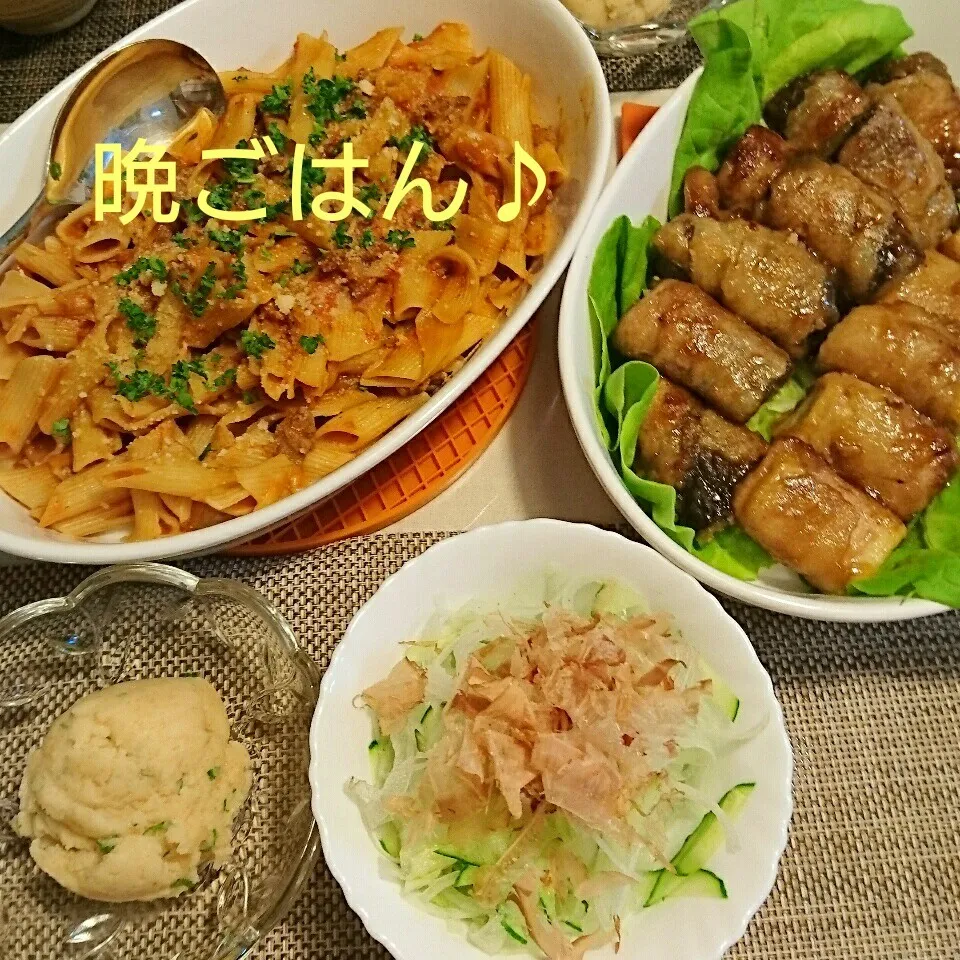 今日の晩ごはん(ナスと厚揚げの肉巻き生姜焼きと…)|oomugiさん