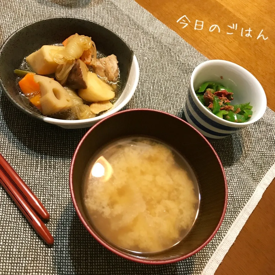 筑前煮、ピーマンの梅おかか和え、じゃがいもと玉ねぎの味噌汁|さちさん