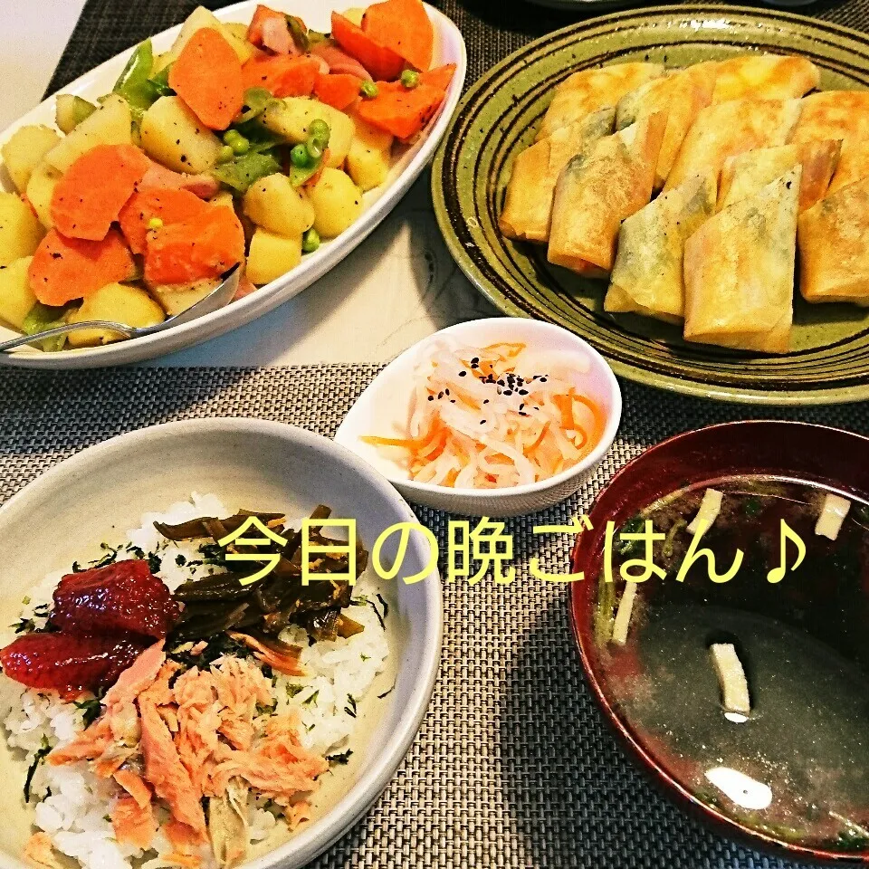 Snapdishの料理写真:今日の晩ごはん(大根春巻きと…)|oomugiさん