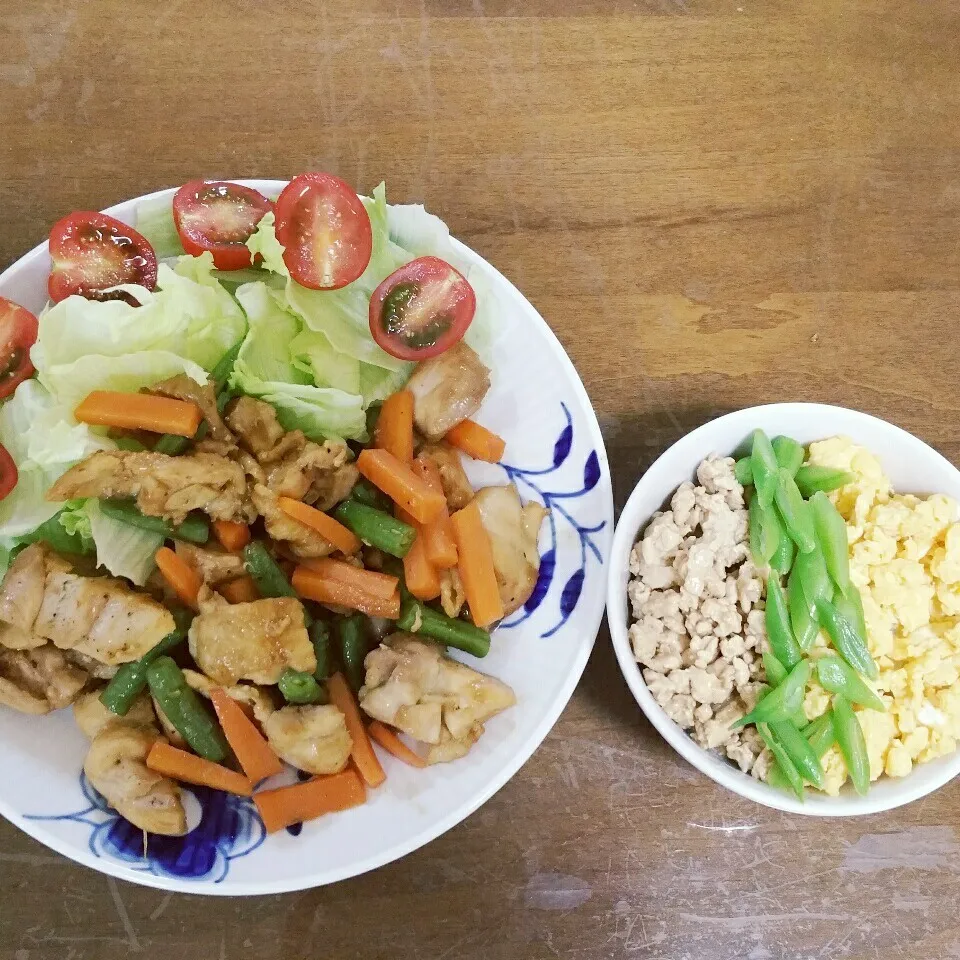 鶏とニンジンいんげんの甘辛炒め&鶏3色丼|Yuk@さん