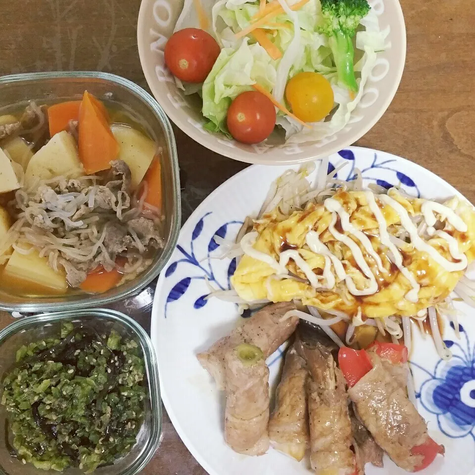 Snapdishの料理写真:野菜の肉巻き&オムモヤシ|Yuk@さん