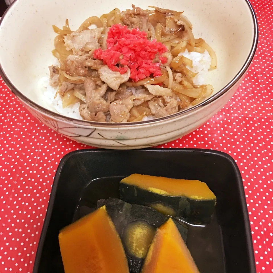 Snapdishの料理写真:かぼちゃの含め煮とスタミナ丼|せんちゃんさん