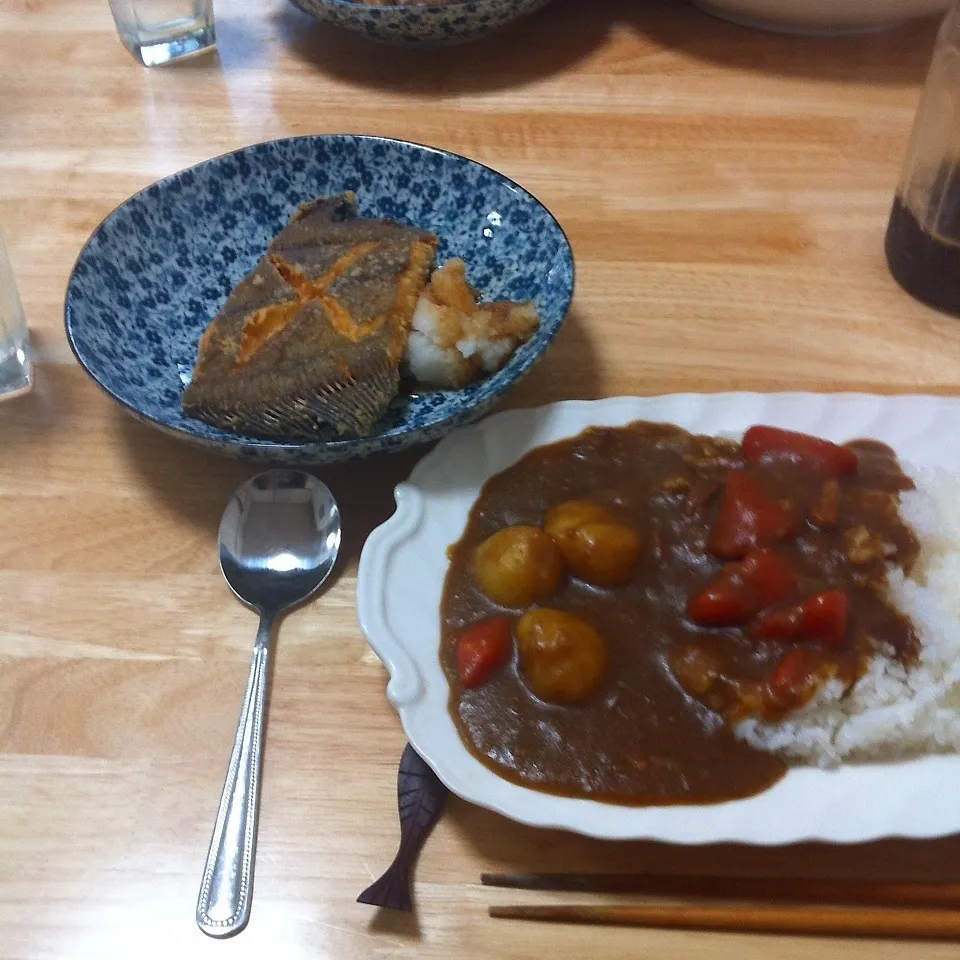 カレイの唐揚げ＆カレーライス|せんちゃんさん