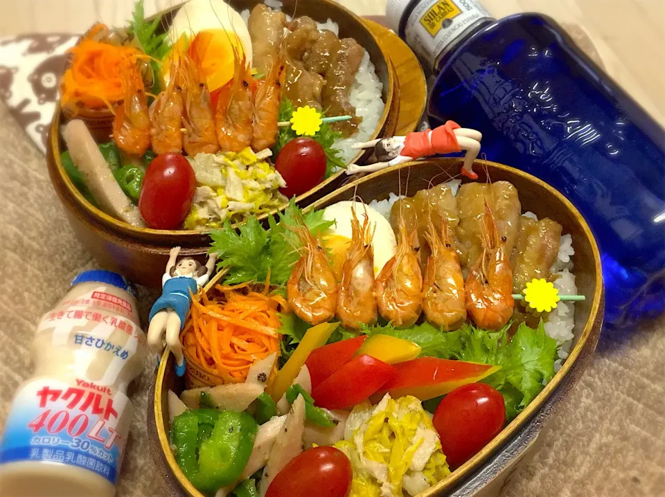 Snapdishの料理写真:せせりの照り焼き&味玉&菊花とキャベツのツナ和え&ギョニソとピーマンのスパイスソテー&川エビのカリカリゴマ炒め&キャロットラペ&パプリカ&わさび菜&プチトマト🍅の夫婦お弁当♪

 #弁当  #フチ子 #せせり #川エビ|桃実さん