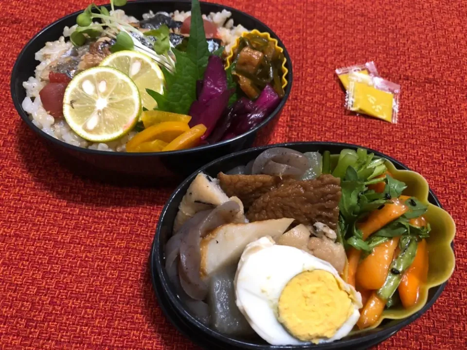 11／19昼食  #昼ごはん  #弁当  #おでん弁当
#献立     秋刀魚ご飯   切り昆布煮  漬け物   おでん  柿と菊菜のサラダ  
‥夕食メニューを詰めただけ😓…|おさんどんさん