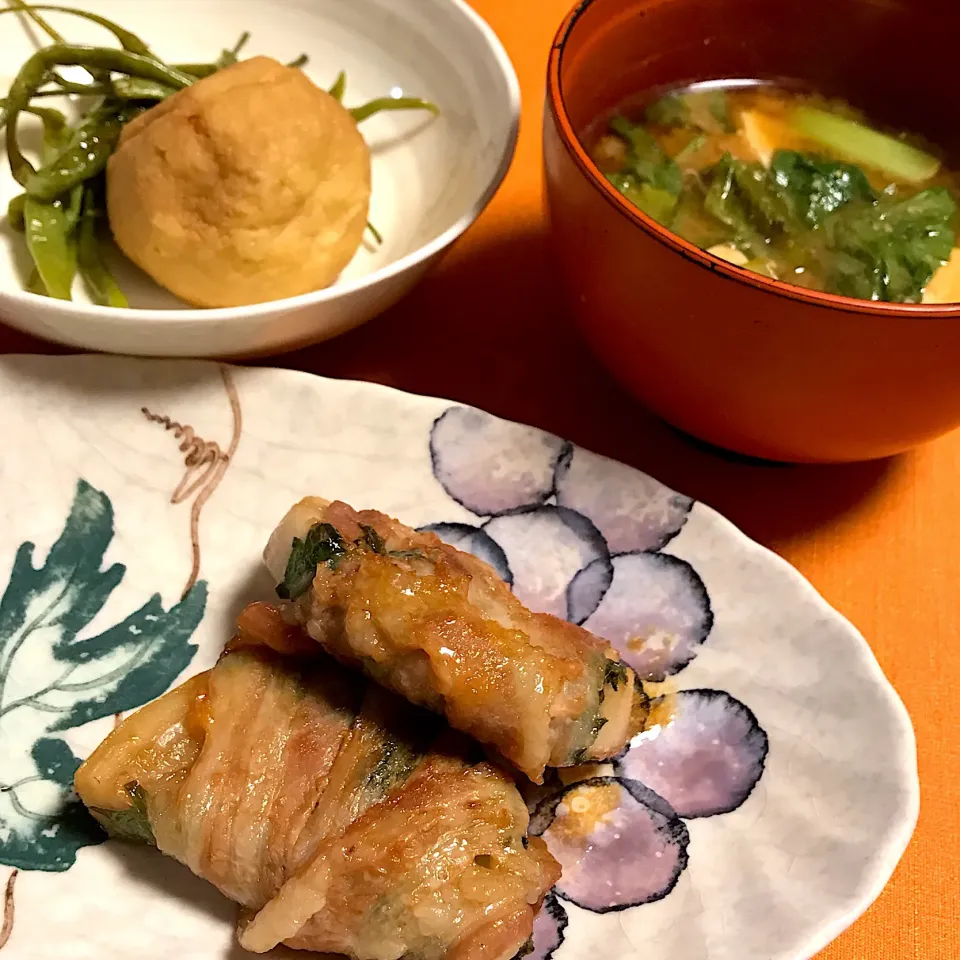 れんこんの豚肉巻き、ひろうすとひもとうがらしの煮物、味噌汁|ゼニコさん