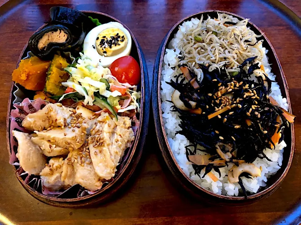 本日のお弁当🍱鶏むね味噌風味🍳かぼちゃ煮付け🌰キュウリサラダ🥒鮭昆布巻き🌰ひじきの煮物🌰ちりめん山椒（京都 五八山椒堂） #息子弁当  #わっぱ弁当 #鶏むね肉#胸肉味  #みそ  #かぼちゃの煮物  #キュウリ🥒  #鮭  #昆布巻き  #ひじきの煮物  #ちりめん山椒  #京都 #五八山椒堂#札幌 #中島公園|Yukie  Toriseさん