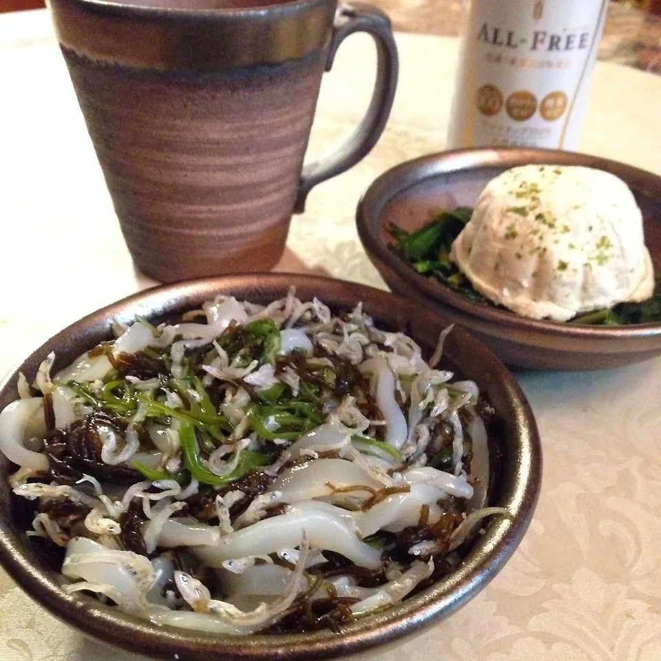 ♪イカメカブモズクジャコ柚子ポン＆辛子豆腐♪ノンアルで乾杯♪|henryさん