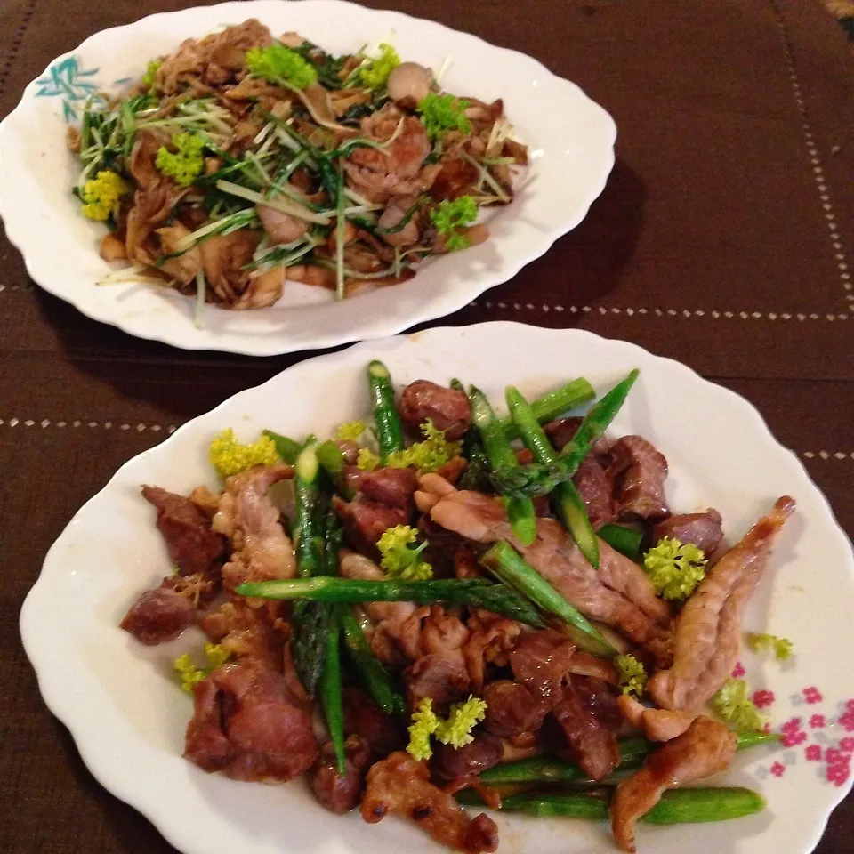 ♪天城黒豚と舞茸水菜ソテー＆鶏せせり＆砂肝アスパラソテー♪|henryさん