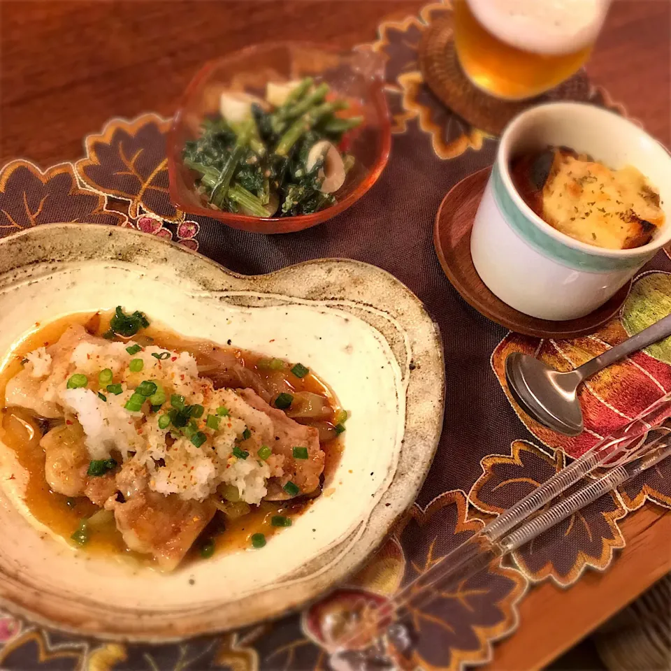 豚ばら肉のねぎおろしぽん酢かけ
ちくわと春菊の柚子胡椒マヨ和え
オニオングラタンスープ|𓇼 Ⓢ Ⓗ Ⓘ Ⓝ Ⓞ Ⓑ Ⓤ 𓇼さん