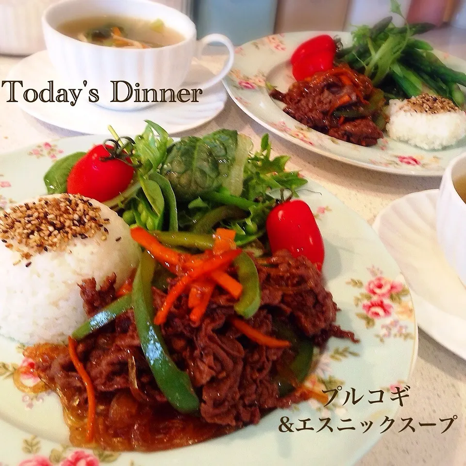 ご飯がすすんじゃうぅプルコギ&あまり野菜と鶏肉のスープ|はーちゃんさん