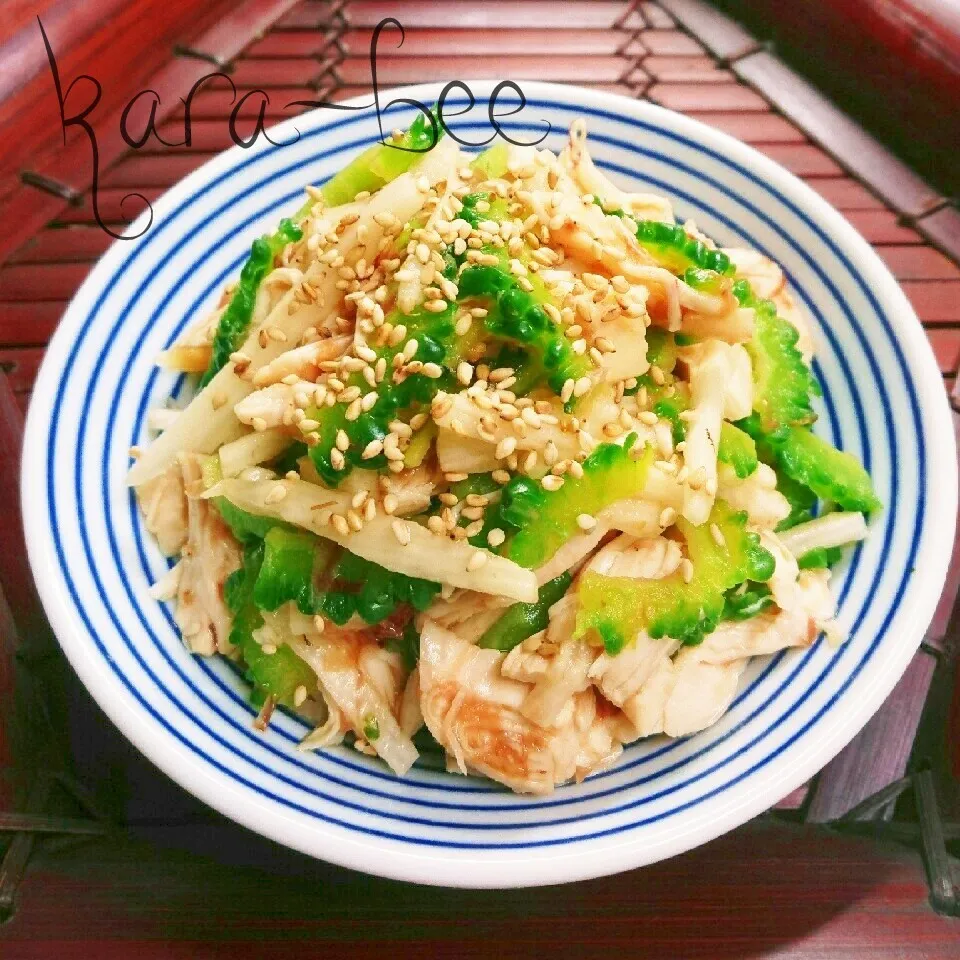 ネバうまっ♡ゴーヤと長いもと蒸し鶏のネバネバ麺つゆおかか和え|からあげビールさん