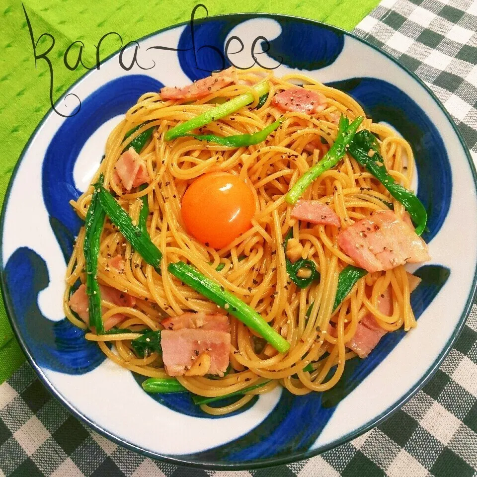 冷蔵庫の余り物で♡簡単中華風ニラ玉パスタ|からあげビールさん