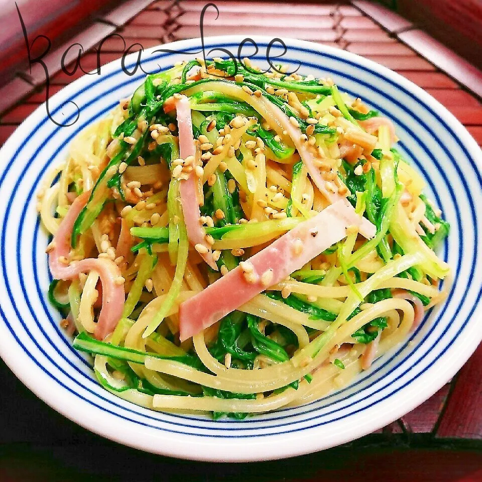 低カロリー♡ハリハリ水菜のなめたけレモンマヨ和風スパサラ|からあげビールさん