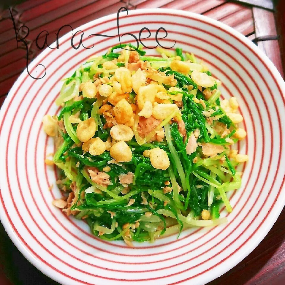 後乗せサクサク♡天かす乗っけ水菜とツナの麺つゆおひたし|からあげビールさん