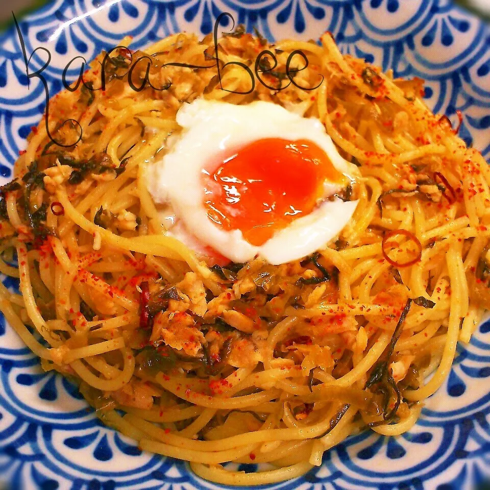 高菜ニンニクツナパスタとろりん卵乗っけ☆ビールに合うっ！|からあげビールさん