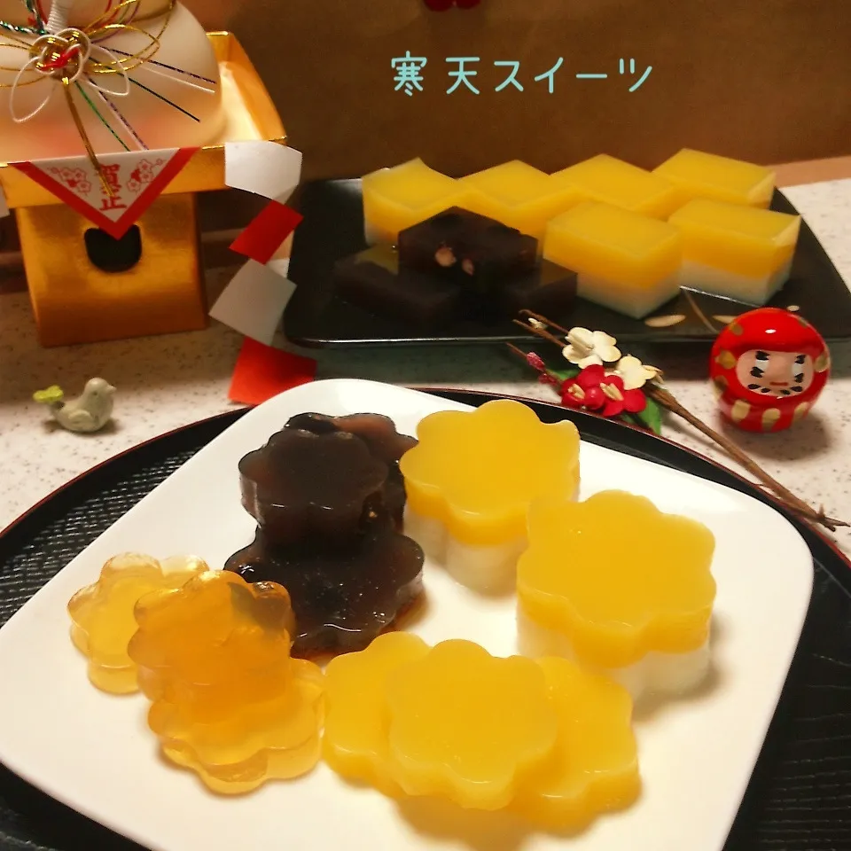 Snapdishの料理写真:寒天スイーツ♪黒豆とオレンジ。ミルク♪林檎。|Sarryさん