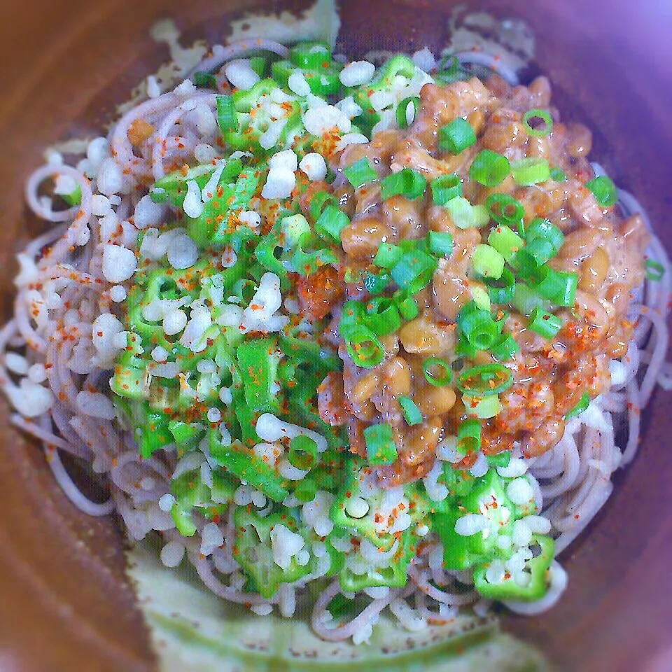 オクラ納豆ぶっかけ蕎麦|からあげビールさん