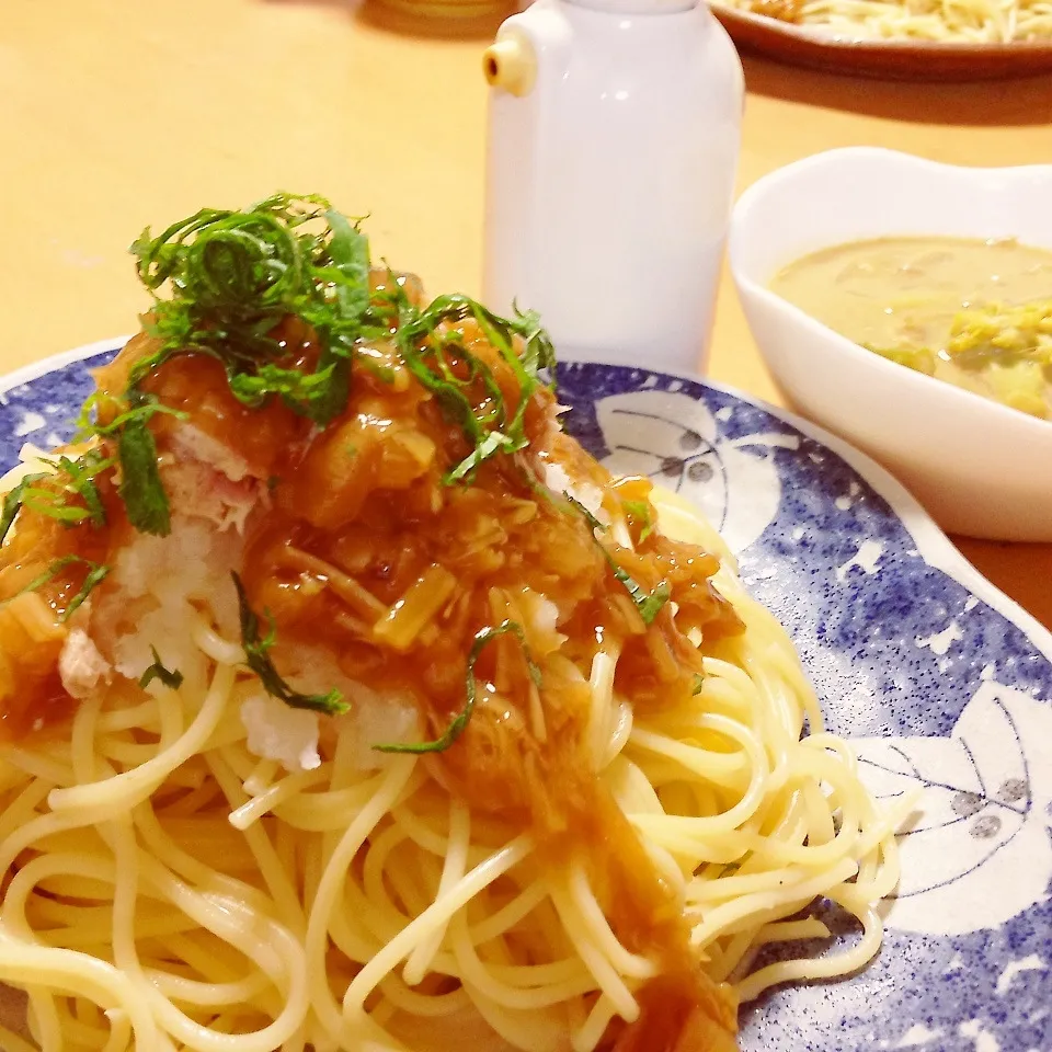 Snapdishの料理写真:和風パスタ＆和風カレースープ|takarinさん