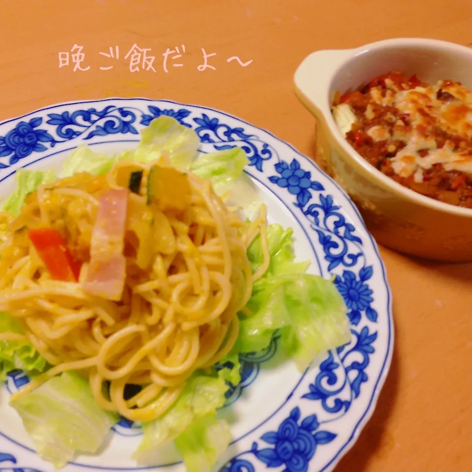 カボチャのクリームパスタとナスミートのチーズ焼き|takarinさん