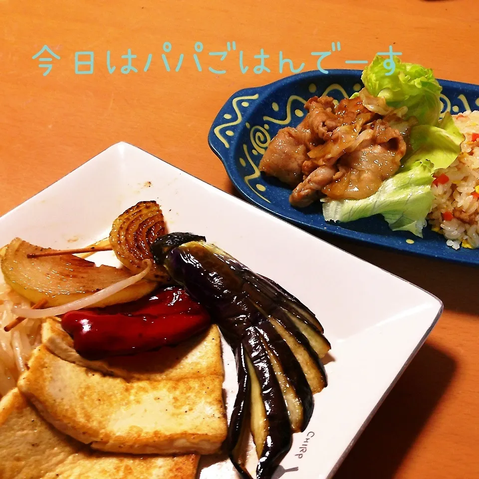 Snapdishの料理写真:野菜の鉄板焼き＆炒飯と豚肉の甘辛炒め|takarinさん