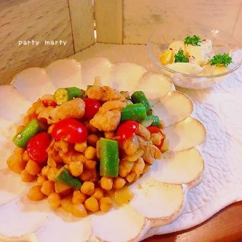 オクラとひよこ豆のインド炒め♡ポテトて卵のわさびマヨネーズ|party martyさん