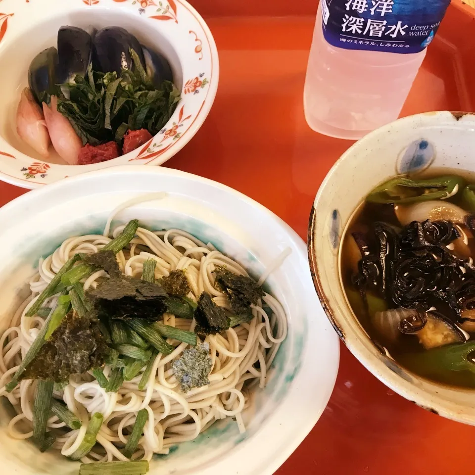 Snapdishの料理写真:お昼ごはんはナスの油炒め汁で食べる蕎麦。|ネネのおやつ☆さん