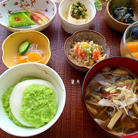 ずんだ餅と野菜と果物だけの朝食|葉月さん