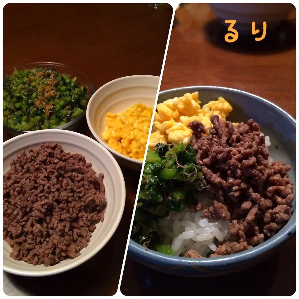 今日の晩ごはん 三色丼(๑¯◡¯๑)|るりさん