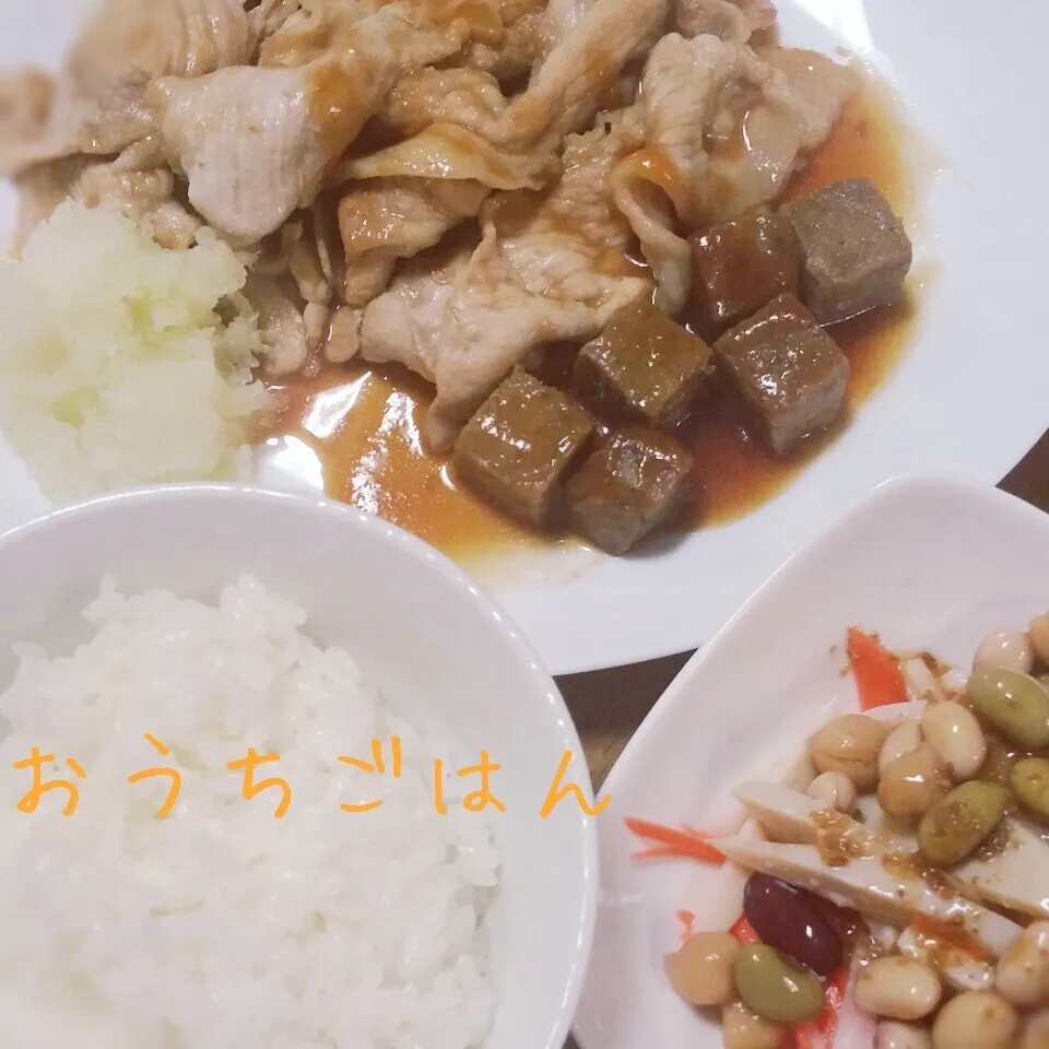 豚のしょうが焼き＆牛サイコロ＆豆サラダ|aiさん