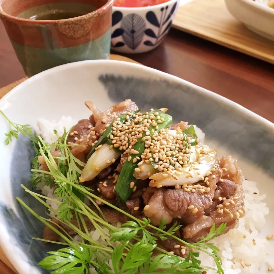 Snapdishの料理写真:ねぎのせ☆カルビ丼&人参の葉|トトさん